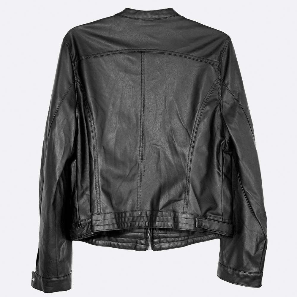 Quilted Onyx Black Faux Leather Moto Biker Jacket Sleek Collarless 0X Large - Picture 3 of 8